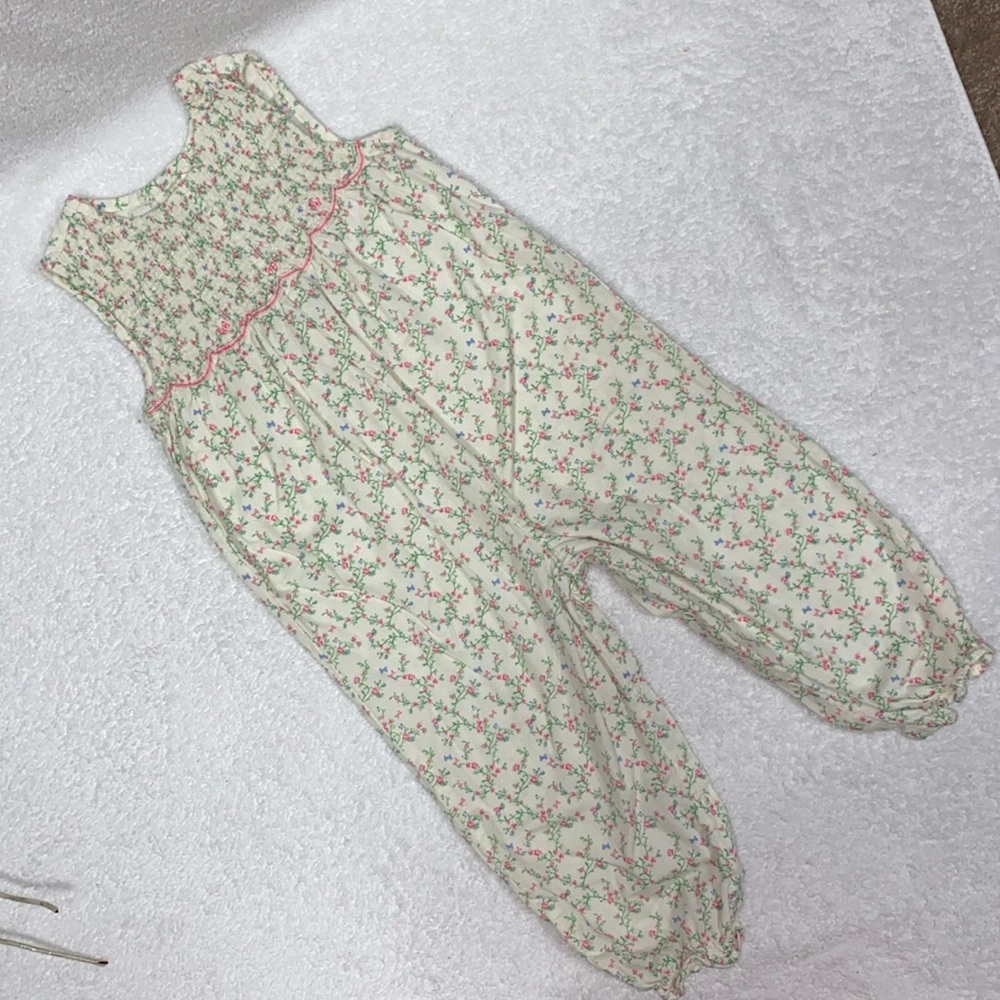 Second step smocked cotton coveralls pink floral cream 24m